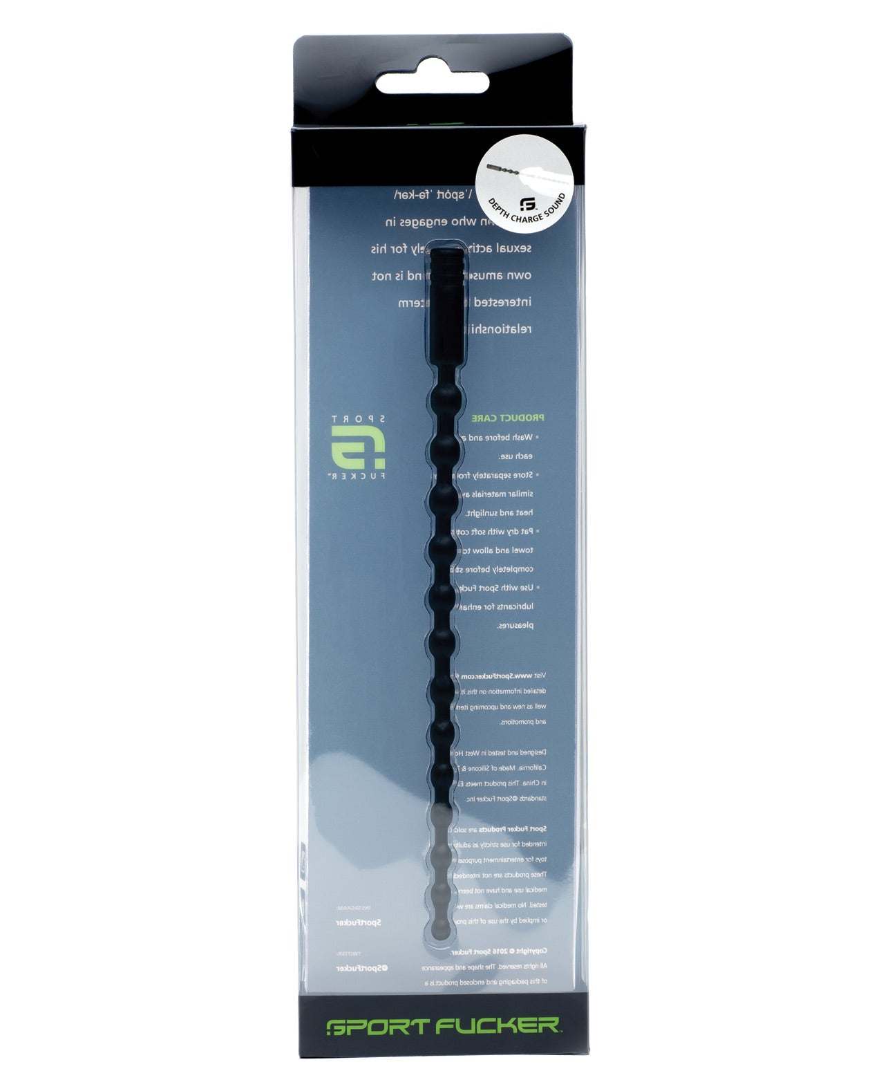 Sport Fucker Depth Charge black silicone urethral sounding device with ergonomic grip in package