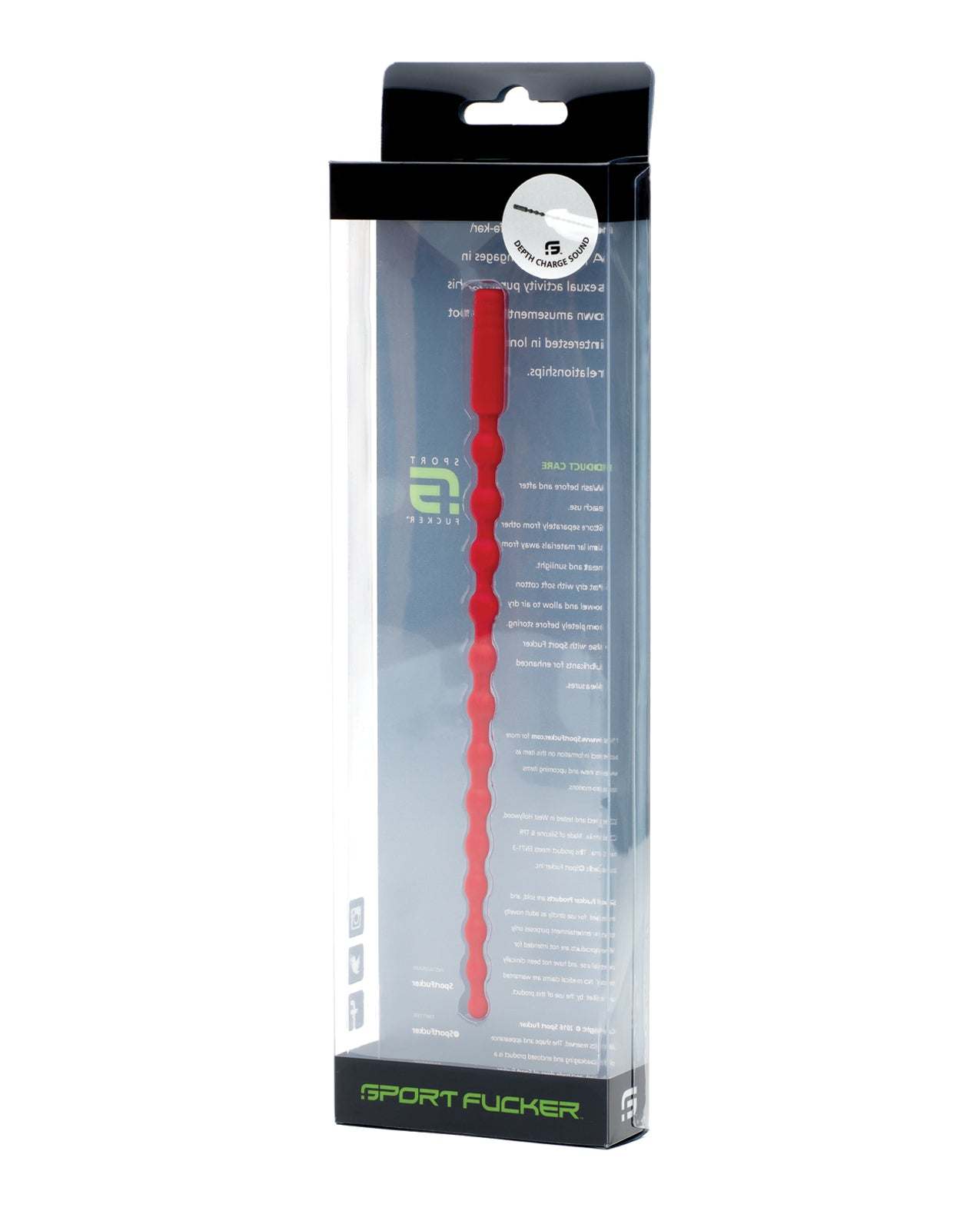 Sport Fucker Depth Charge red silicone urethral sounding device with textured ergonomic handle in clear packaging