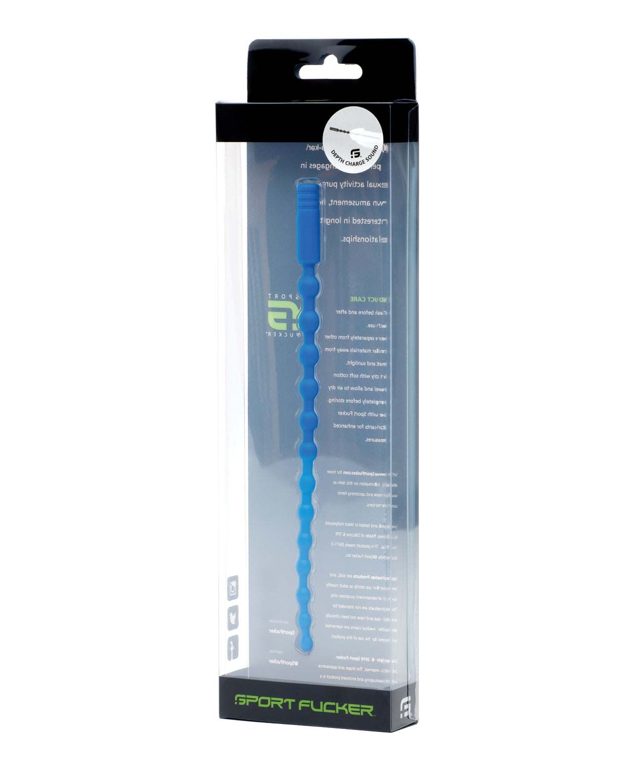 Blue Sport Fucker Depth Charge Sound medical-grade silicone with 13 bumps and ergonomic handle in clear packaging