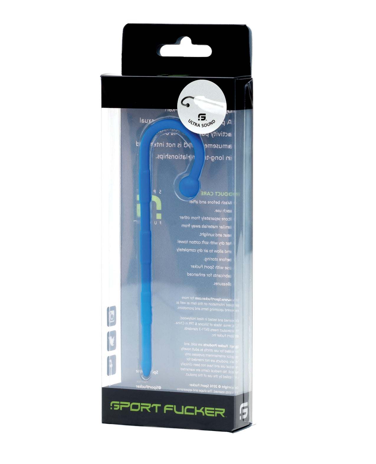 Blue Sport Fucker Ultra Sound urethral toy made of medical-grade silicone with ridged design in clear packaging