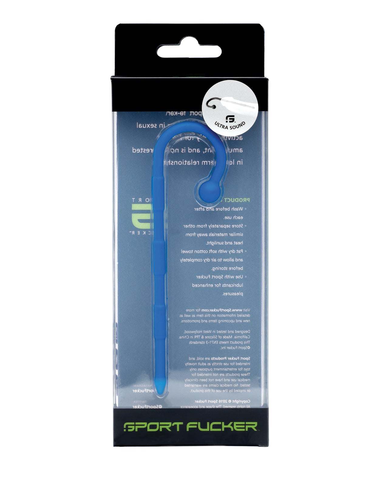 Sport Fucker Ultra Sound blue silicone urethral sound with curved handle and ridges in packaging