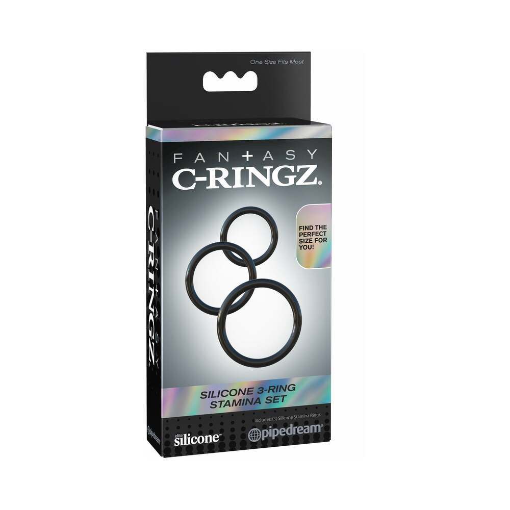 Fantasy C-Ringz Silicone 3-ring stamina set in black with stretchable, body-safe silicone rings for enhanced intimate pleasure
