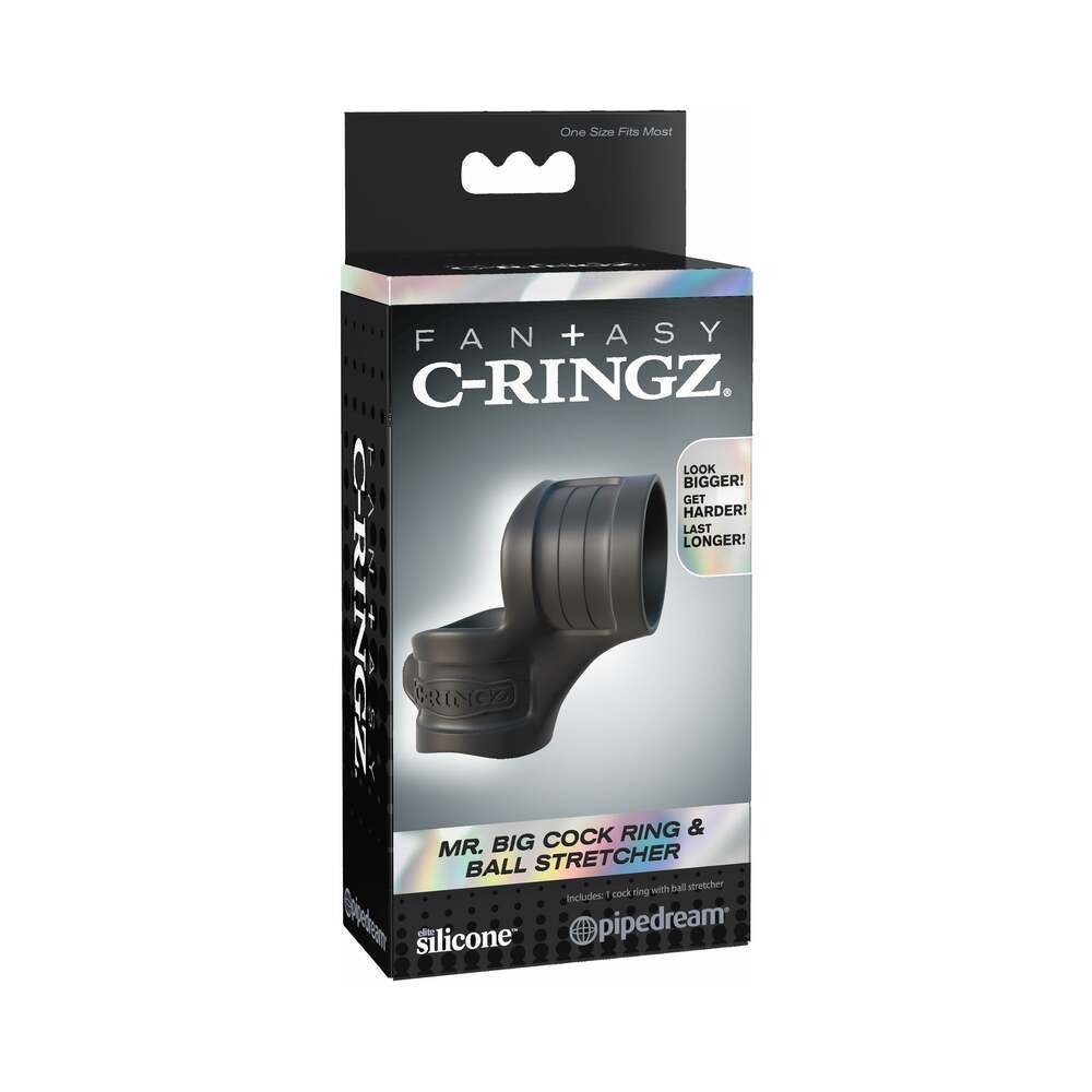 Fantasy C-Ringz Mr. Big Cock Ring and Ball Stretcher in black silicone for enhanced erection and stamina.