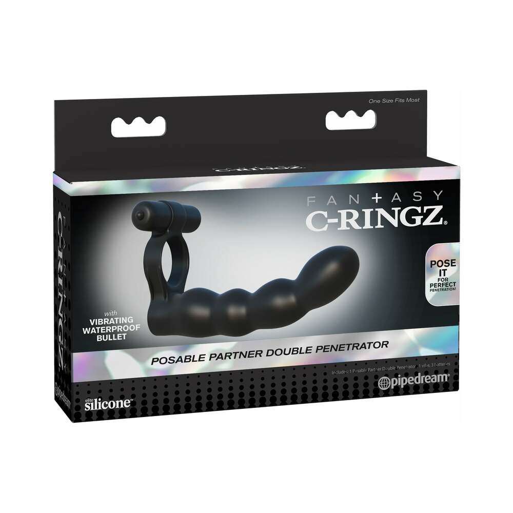 Fantasy C-Ringz posable double penetrator vibrating cock ring made of black silicone with bendable stimulator and vibrating bullet in packaging