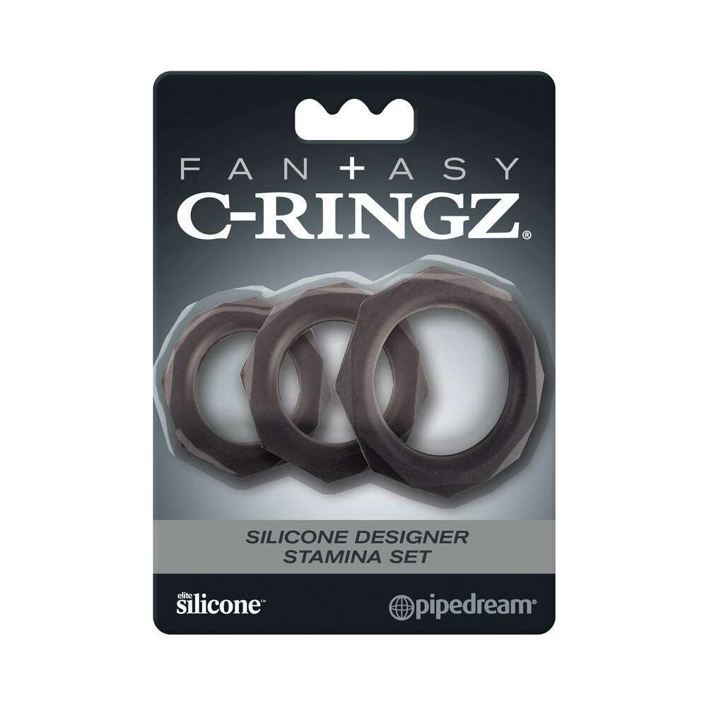 Fantasy C-Ringz Silicone 3-piece black stamina cockring set made from body-safe elite silicone