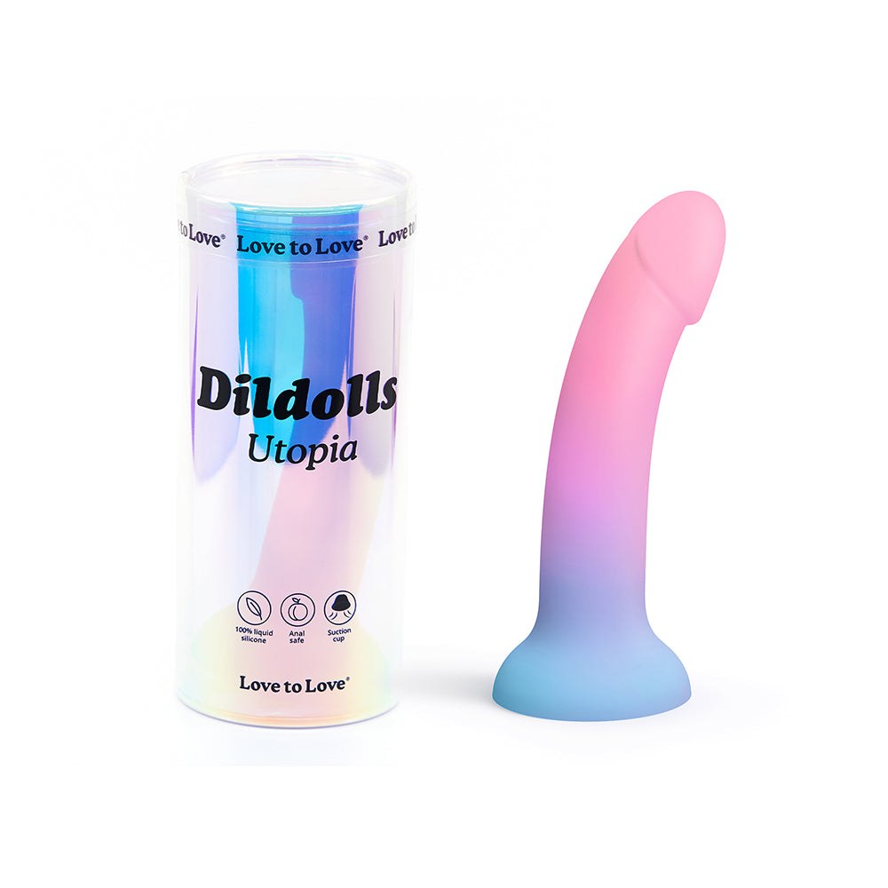 Love to Love Dildolls Utopia 7-inch silicone dildo with gradient pastel colors and suction cup base next to its packaging