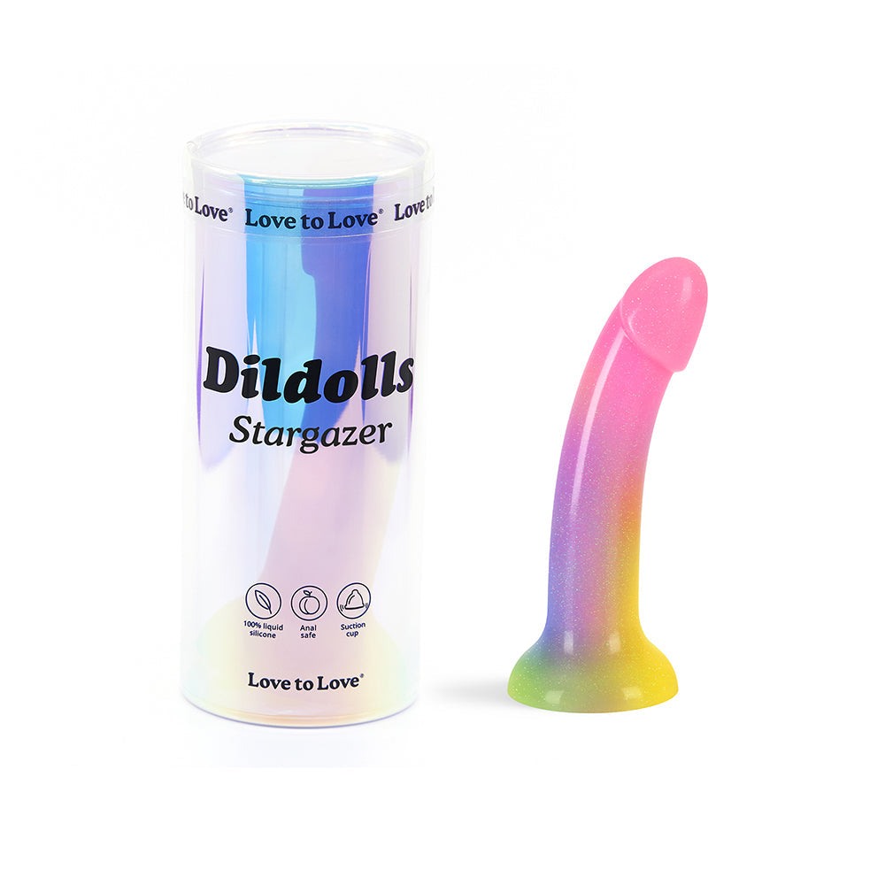 Love to Love Dildolls Stargazer Rainbow and Glitter dildo with suction cup base and vibrant rainbow design in premium silicone