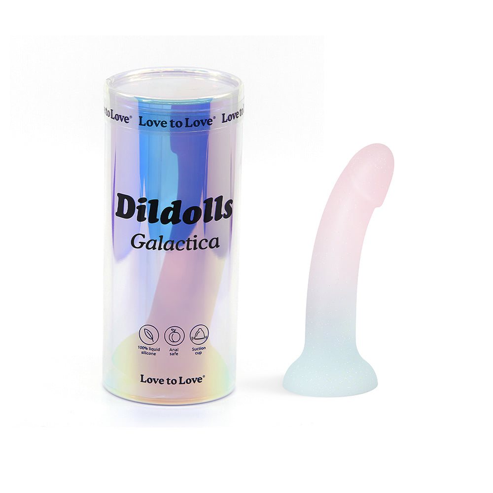 Love to Love Dildolls Galactica dildo in pastel unicorn colors with glitter, made of 100% liquid silicone with suction cup base.