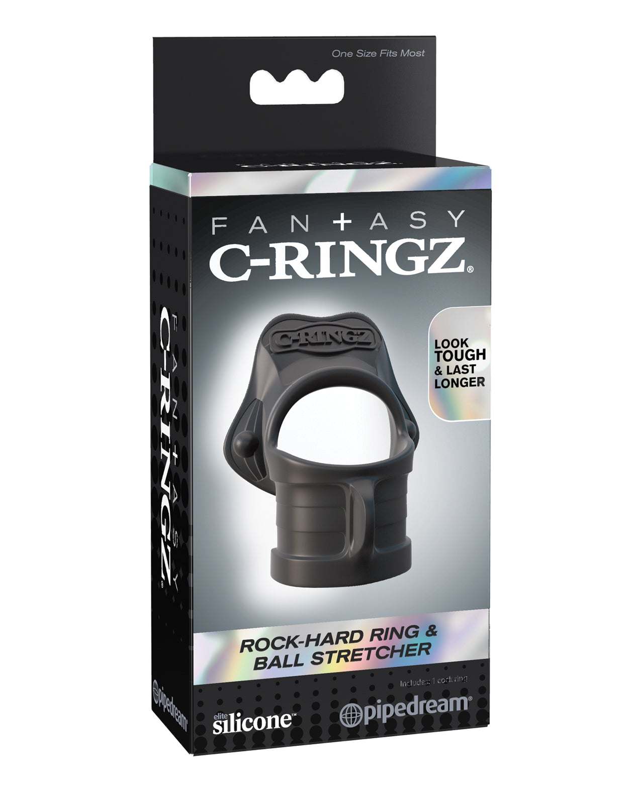 Fantasy C-Ringz Rock Hard Ring and Ball Stretcher in black silicone for enhanced erection and comfort.