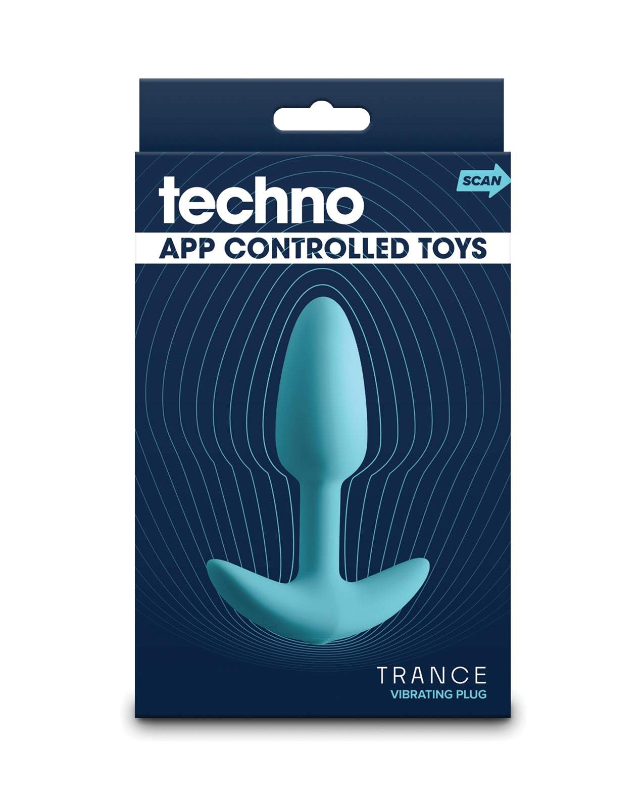Techno Trance app controlled blue vibrating anal plug in retail packaging