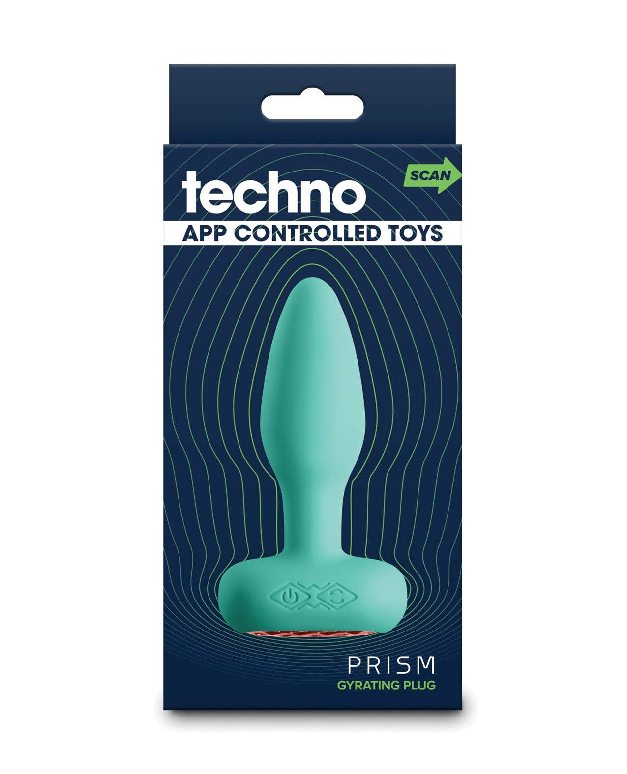 Teal Techno Prism app-controlled rotating and vibrating anal plug in packaging