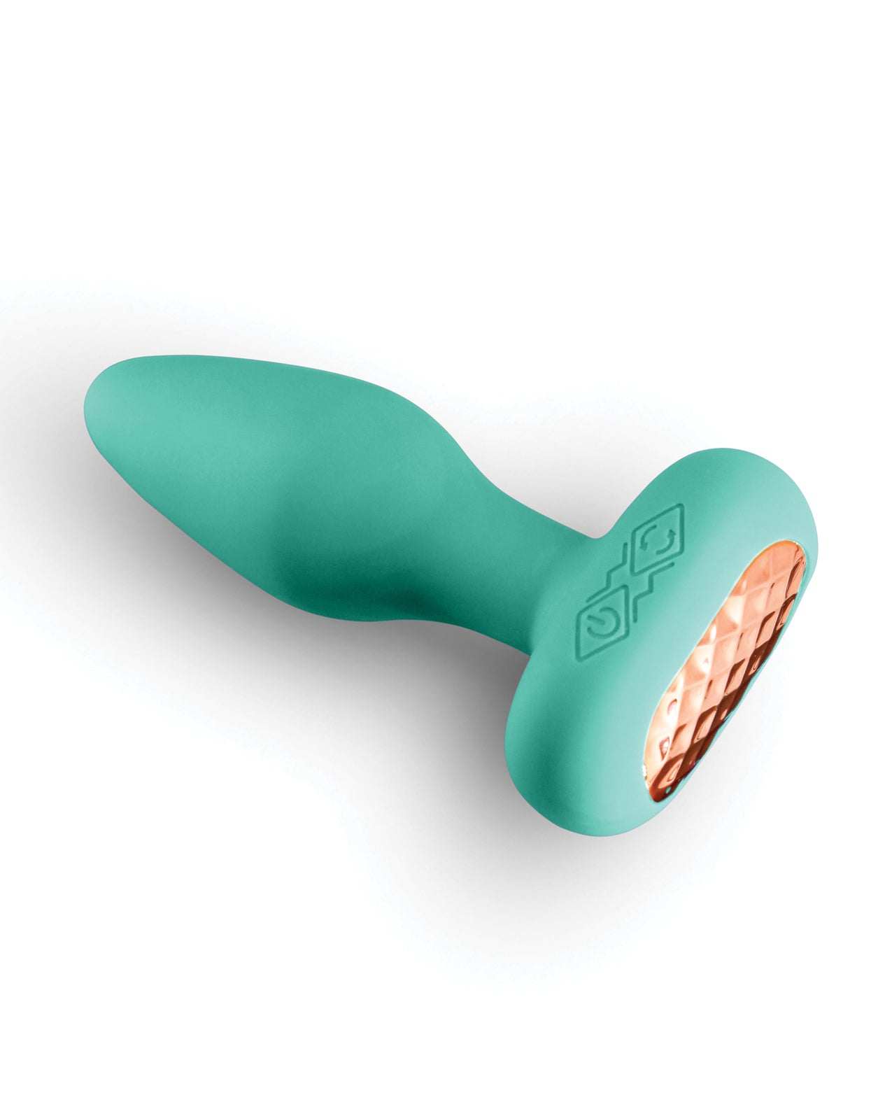 Teal Techno Prism app-controlled rotating and vibrating anal plug with rose gold base detail