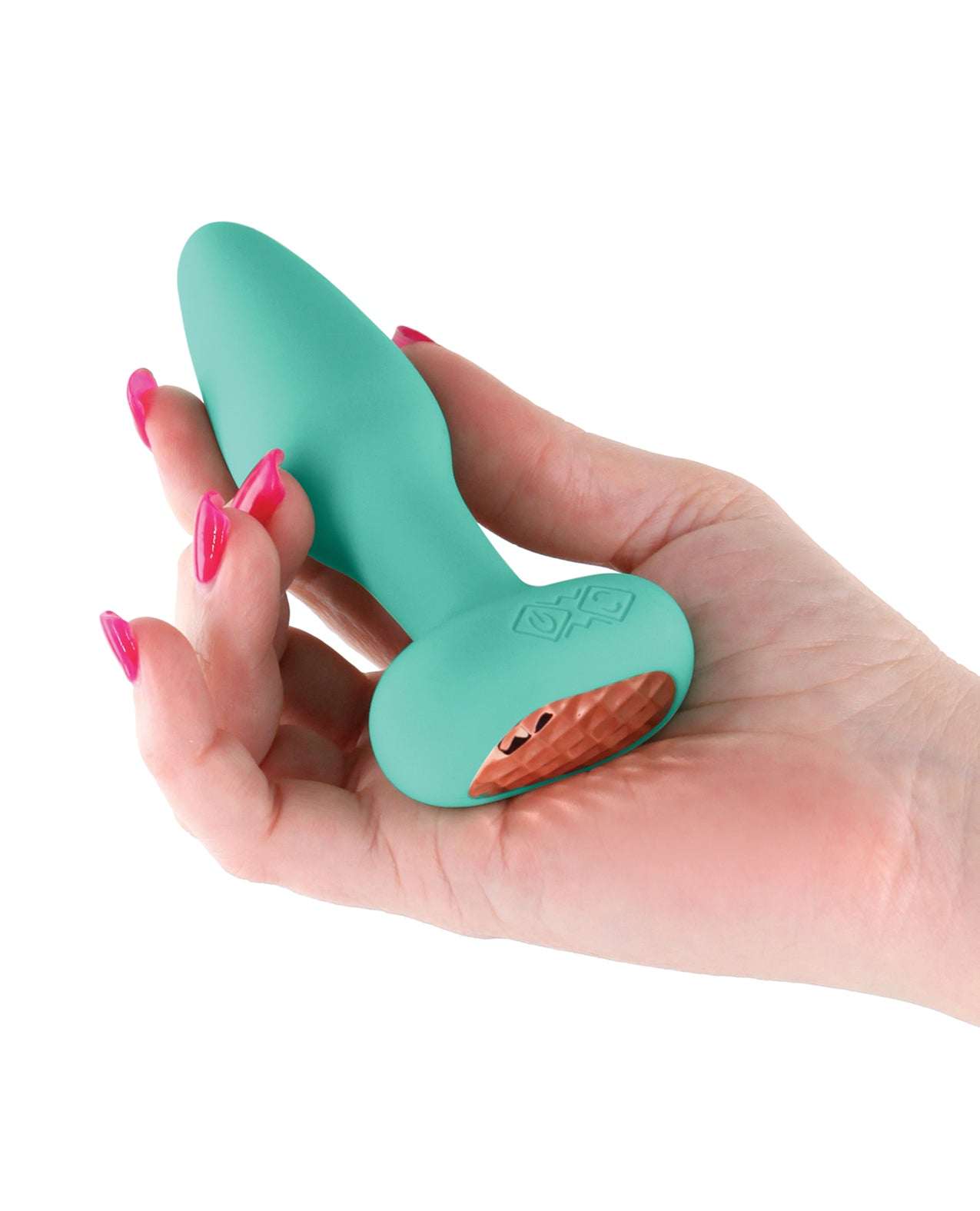 Teal Techno Prism app controlled rotating and vibrating anal plug held in hand