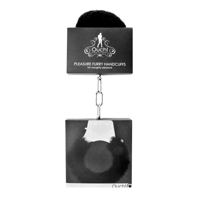 Black Pleasure Furry Handcuffs with quick-release and faux fur lining for intimate use