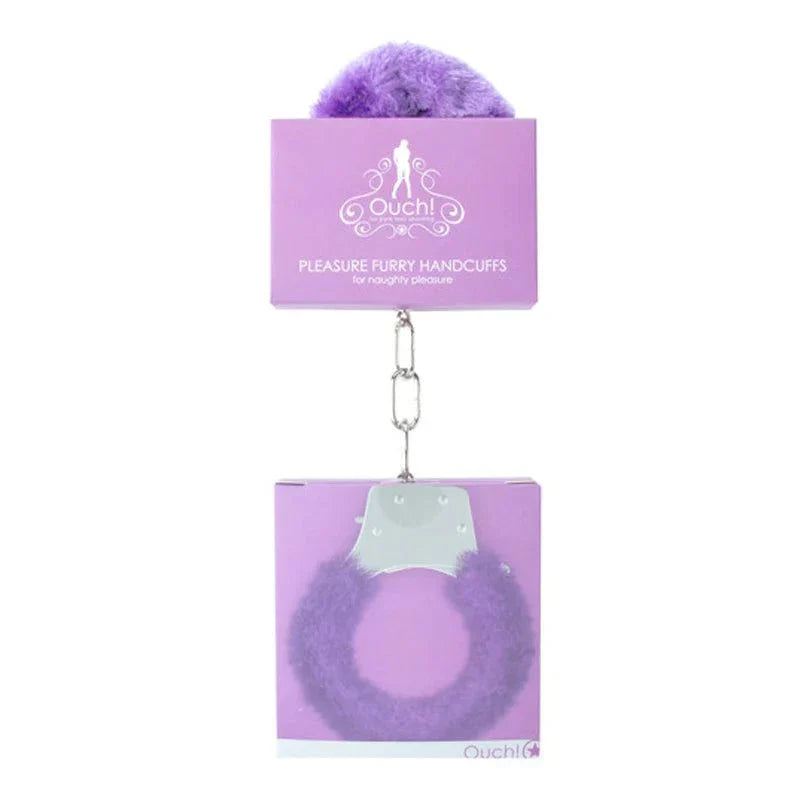 Purple Ouch! Pleasure Furry Handcuffs with soft faux fur lining and quick-release mechanism in packaging