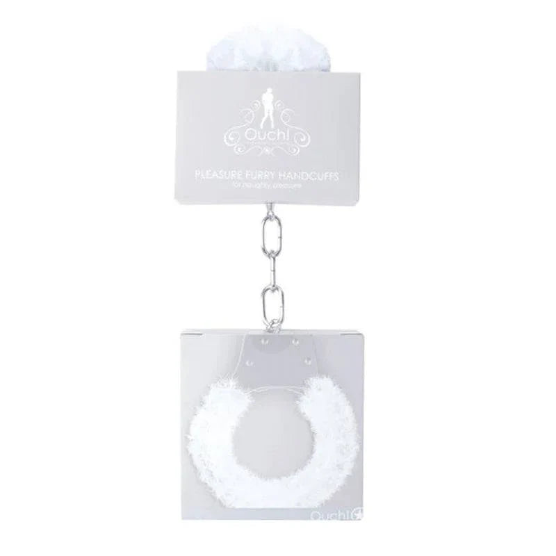 Ouch! Pleasure Furry Handcuffs with white faux fur padding and quick-release mechanism for comfortable intimate play