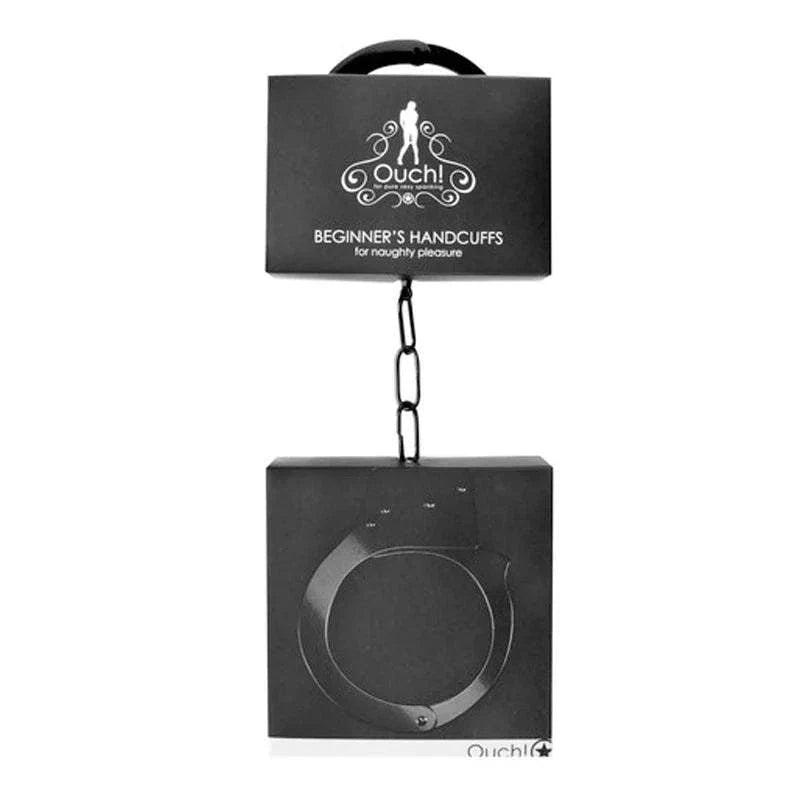 Ouch! Beginner's Metal Handcuffs packaging with compact, sturdy design and quick-release mechanism for safe intimate restraint