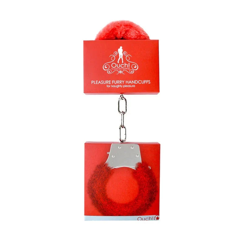 Ouch! Pleasure furry handcuffs in red with quick-release button and soft faux fur lining.