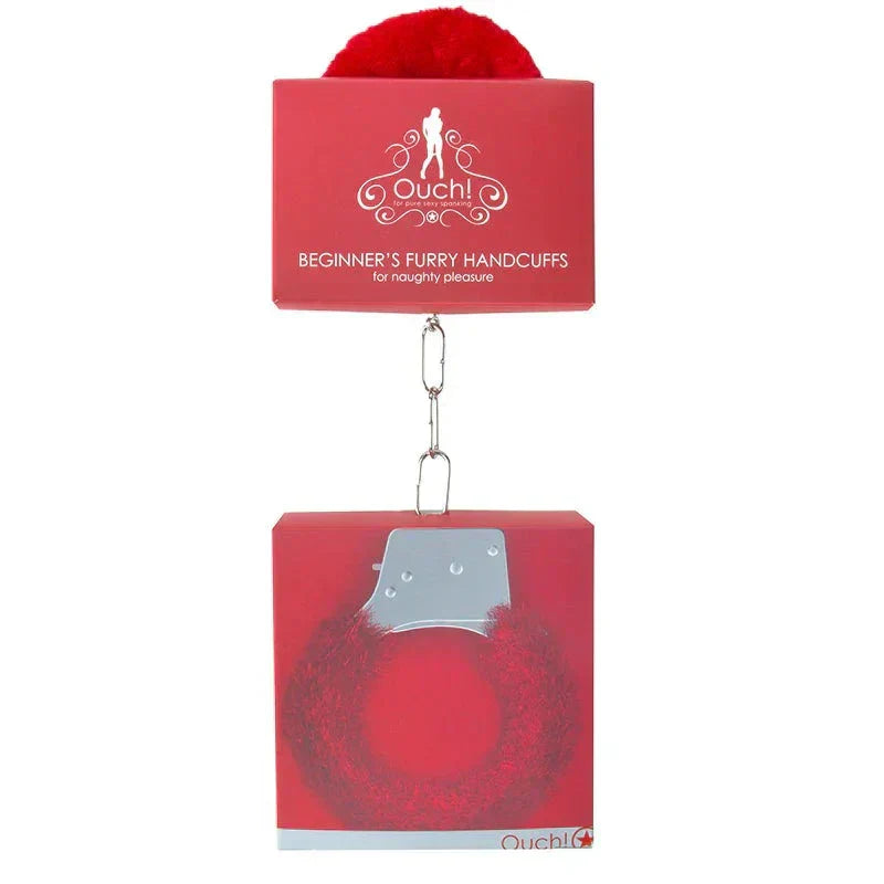 Ouch Beginner's Furry Handcuffs with soft red faux fur and quick-release mechanism for comfortable beginner restraint