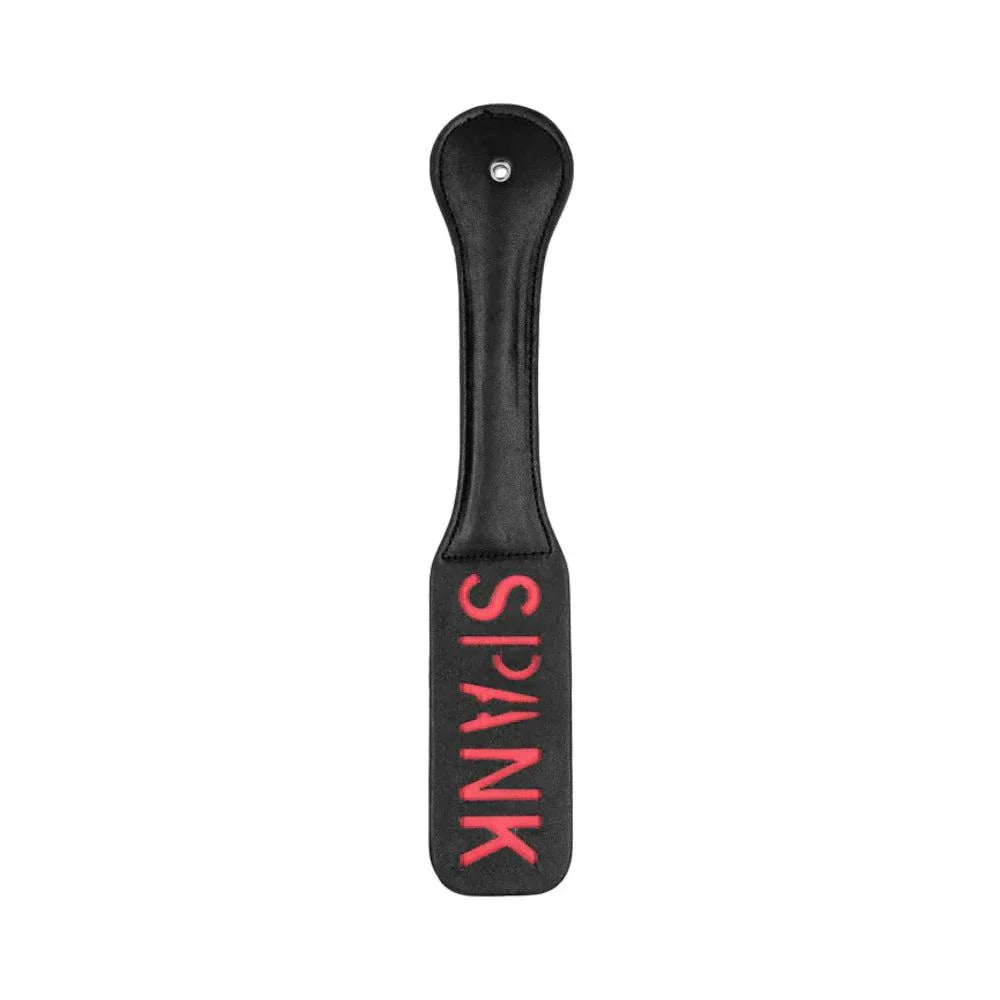 Black leather 'Spank' Paddle with reversed red SPANK lettering on the striking surface