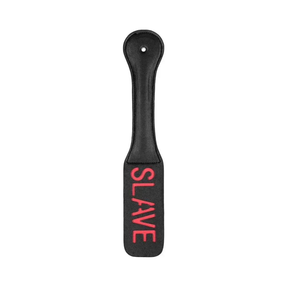 Black Ouch 'Slave' Paddle with reversed red SLAVE text on stitched leather
