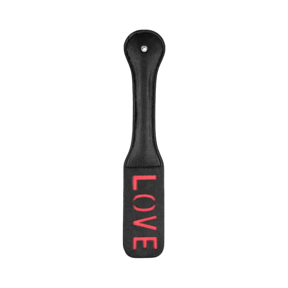 Black leather Ouch! 'Love' Paddle with reversed LOVE imprint for skin marking