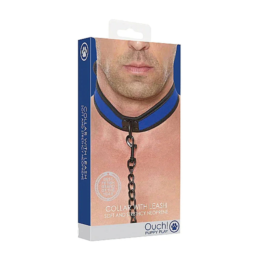 Ouch! Puppy Play Neoprene Collar With Leash Blue/Black by Bondage & Fetish Toys