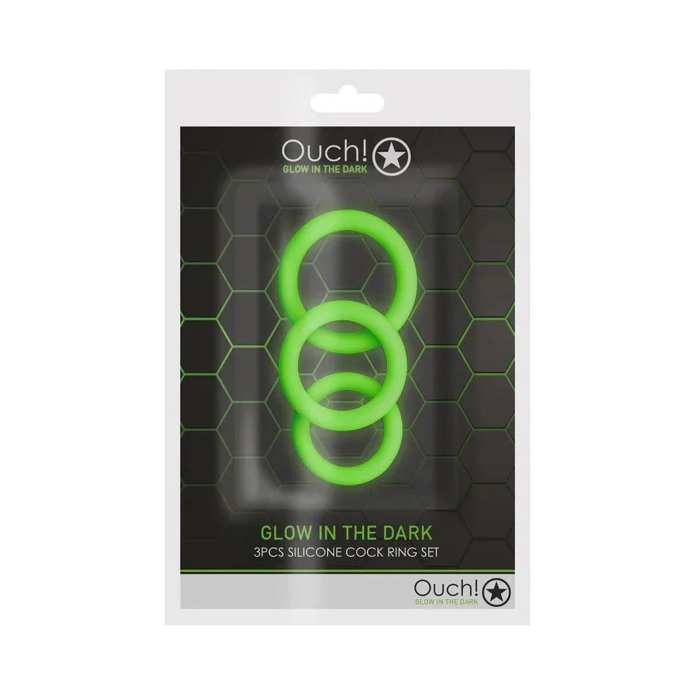 Ouch! Glow in the Dark 3-piece neon green silicone cock ring set with glow-in-the-dark feature