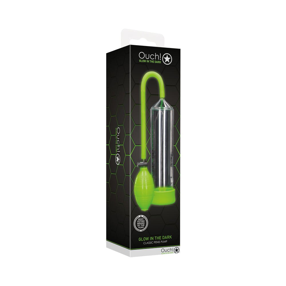 Ouch! Glow in the Dark Classic Penis Pump in neon green with ergonomic bulb and transparent chamber in retail packaging
