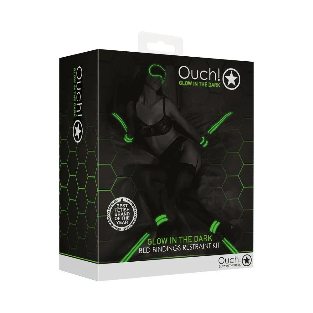Ouch! Glow in the Dark Bed Bindings Restraint Kit neon green with fluorescent glow-in-the-dark straps for bondage play