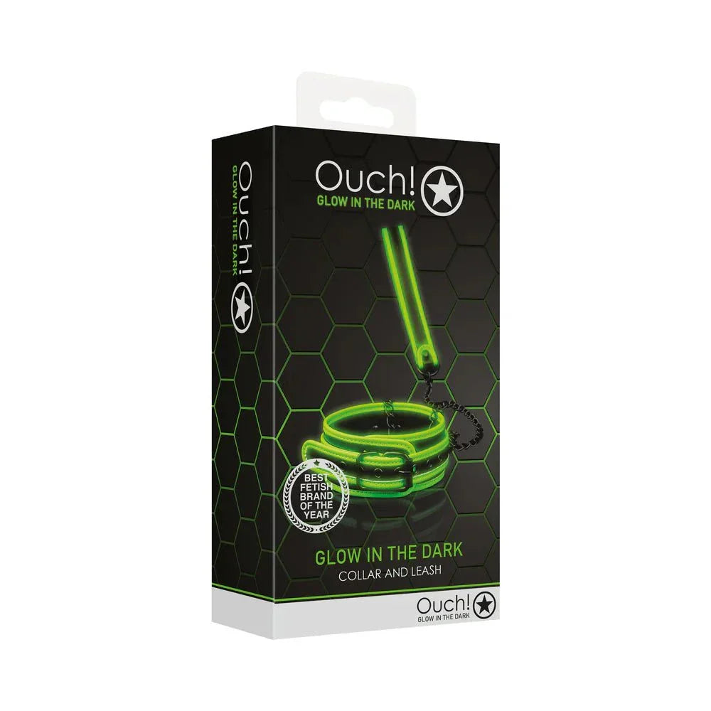 Neon green glow in the dark collar and leash set by Ouch! in black hexagonal packaging