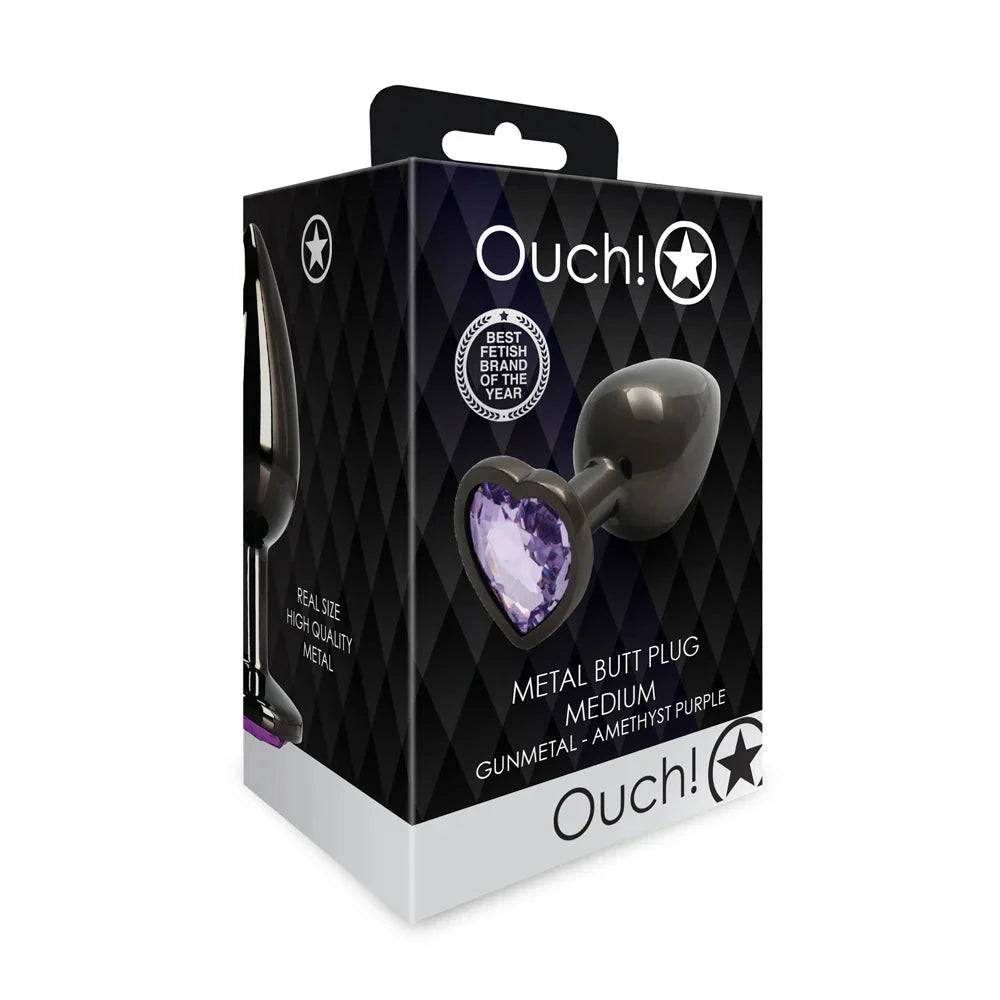 Ouch! Heart Gem Butt Plug Medium Gunmetal/Amethyst by Anal Toys & Stimulators