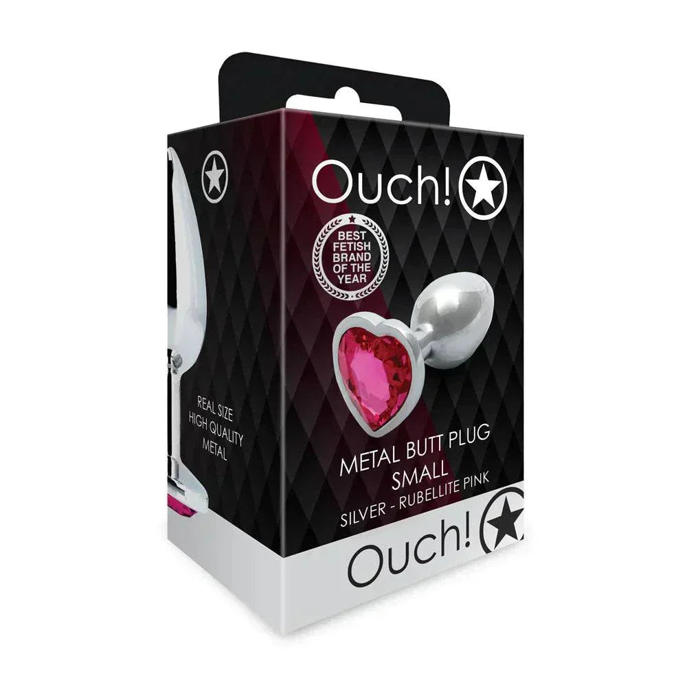 Ouch! Heart Gem Butt Plug small silver metal with rubellite pink heart-shaped jewel base in packaging