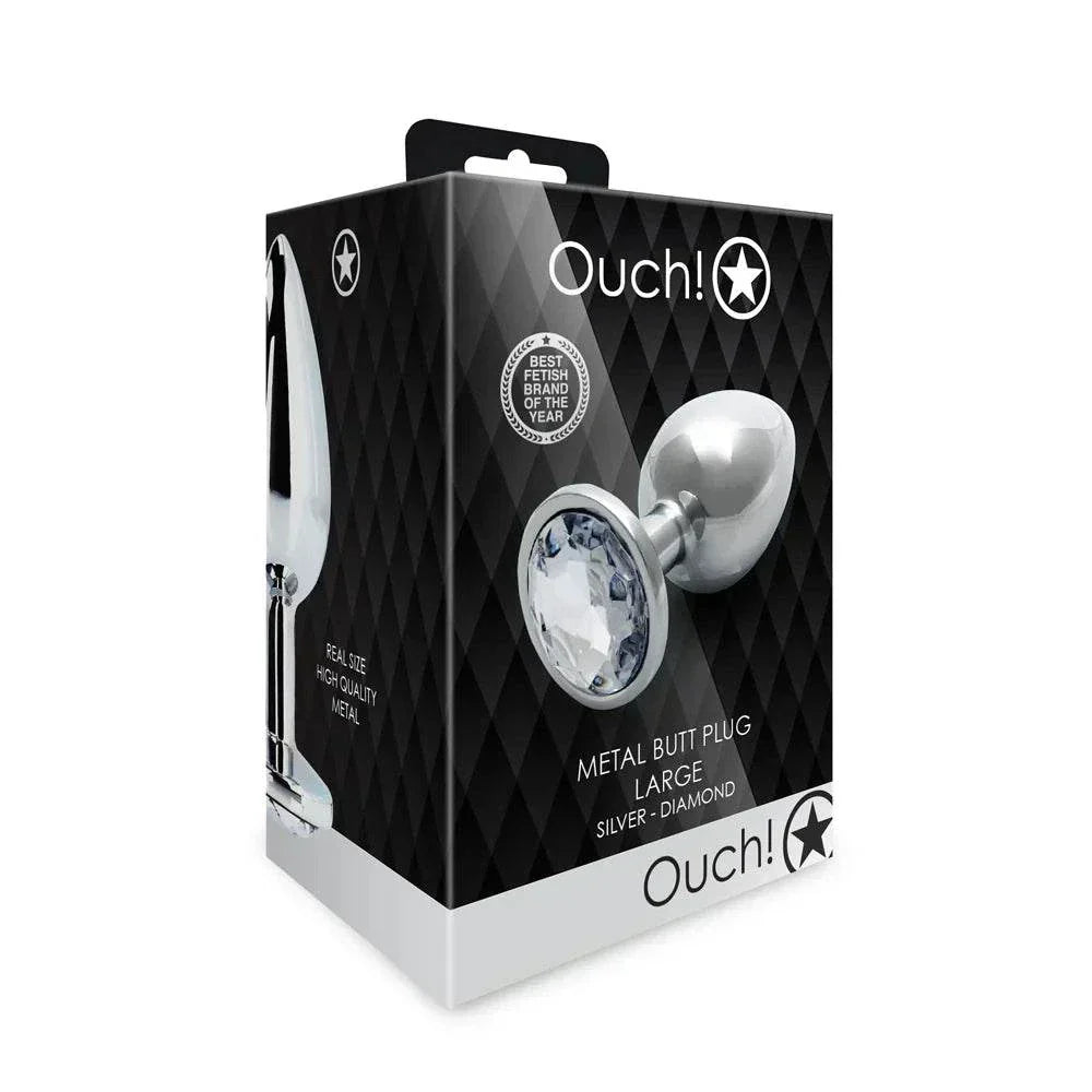 Ouch Round Gem Butt Plug Large silver metal with diamond gem base in packaging box