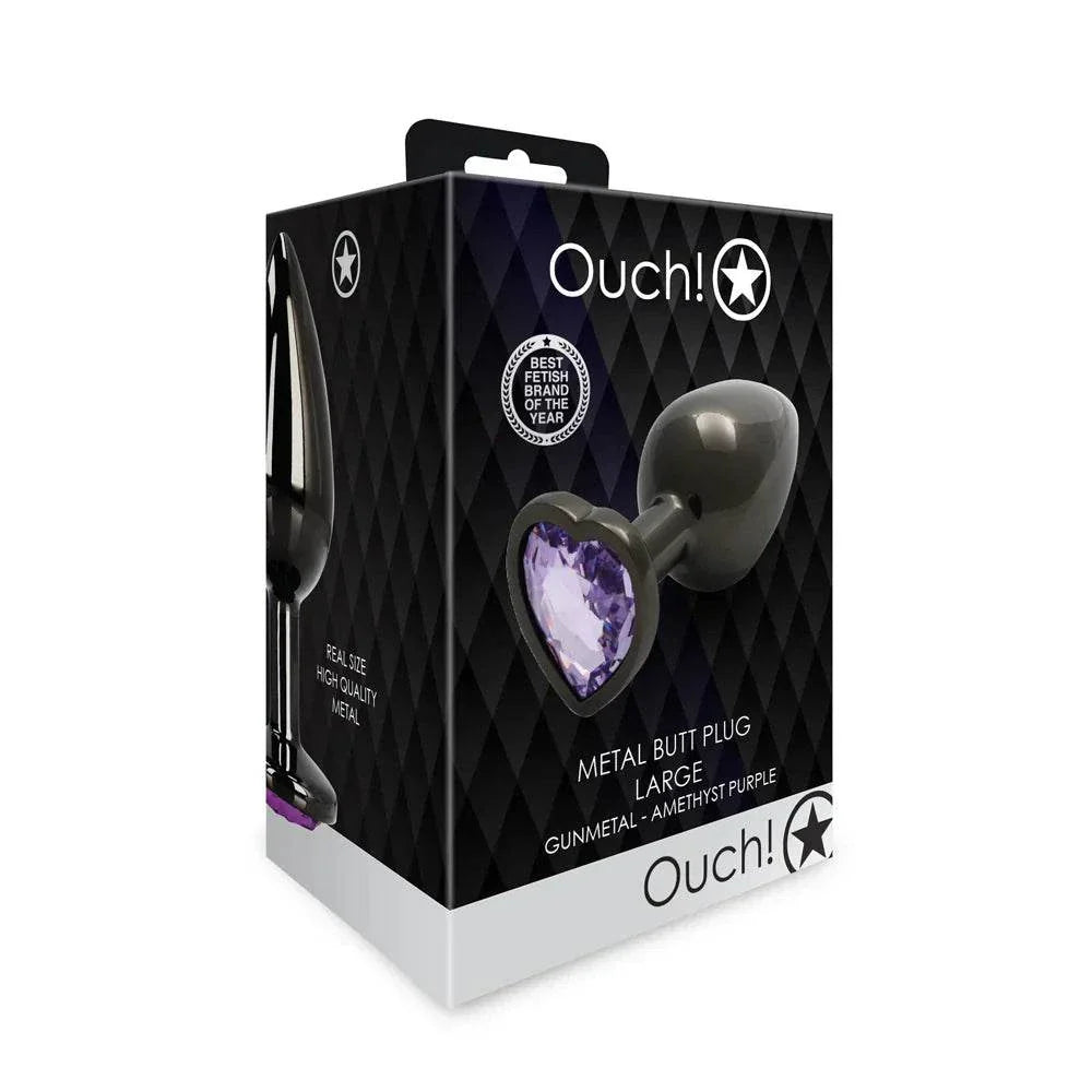 Ouch Heart Gem Butt Plug large gunmetal with amethyst purple heart gem packaging box