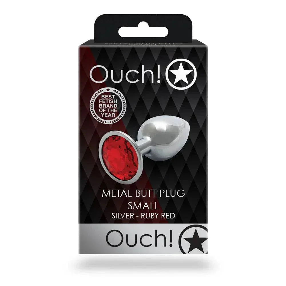 Ouch! Round Gem Butt Plug small silver metal with ruby red jewel base in packaging