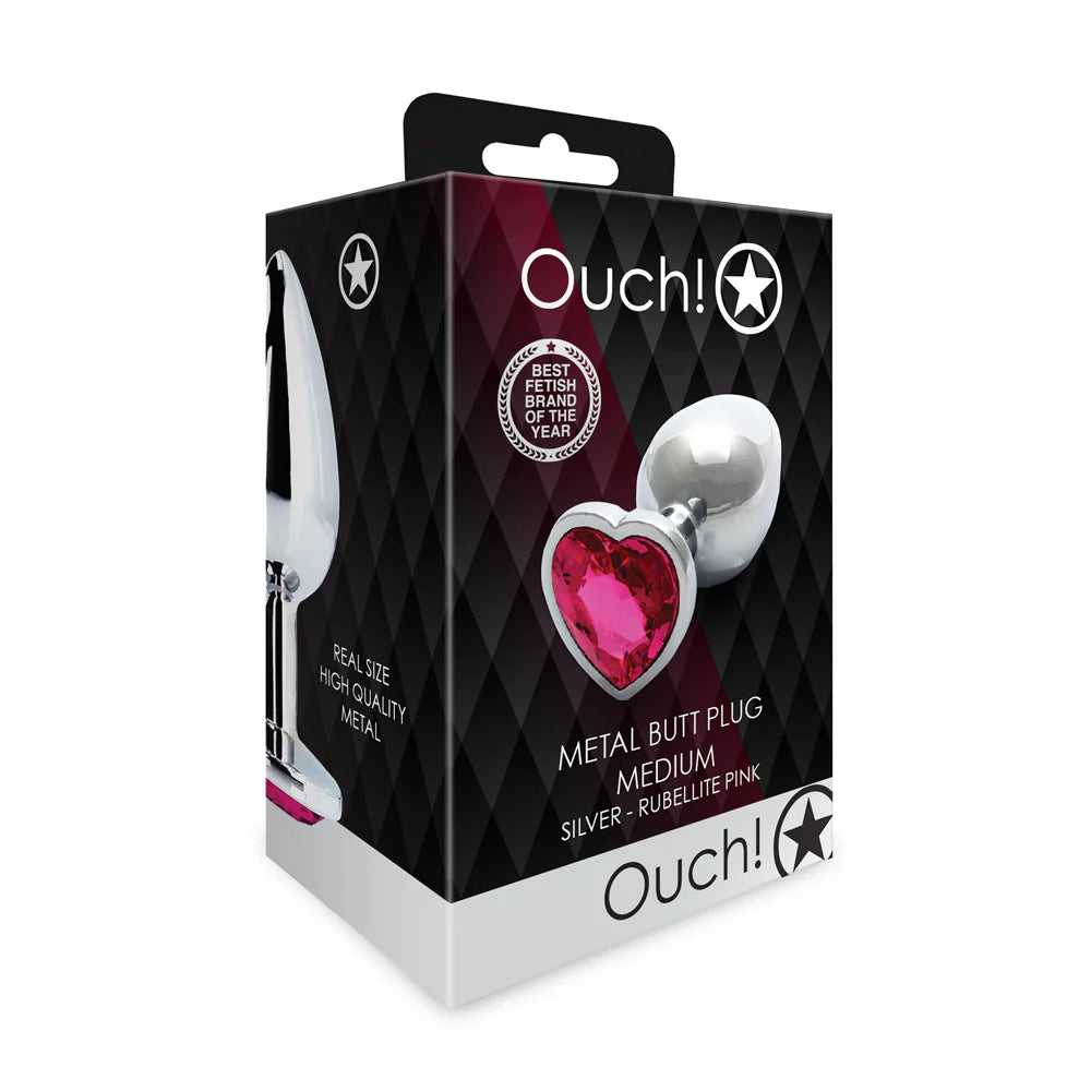Ouch! Heart Gem Butt Plug Medium Silver/Rubellite Pink by Anal Toys & Stimulators