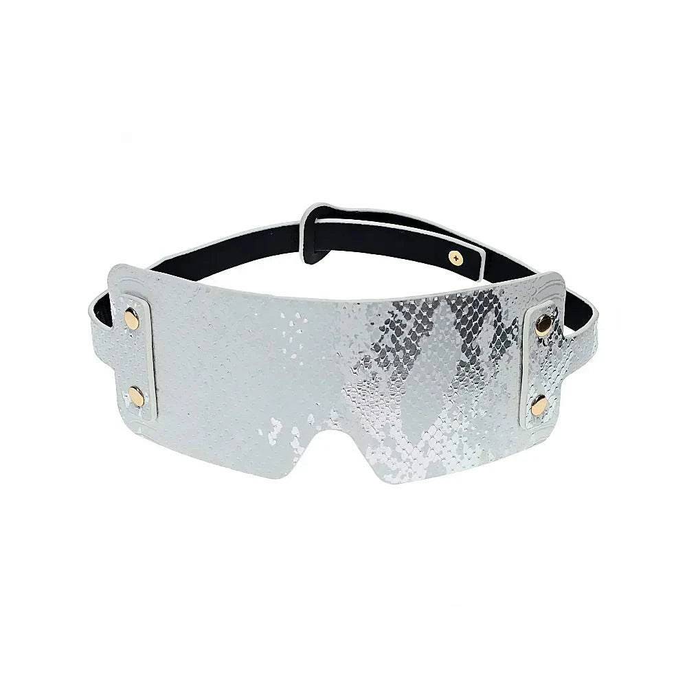White bonded leather blindfold from Ouch! International Florence Collection with iridescent hardware and adjustable strap