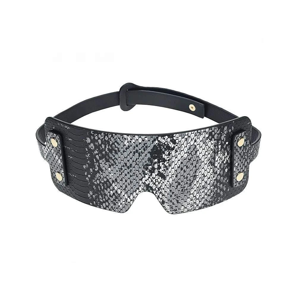 Ouch! International Florence Collection black bonded leather blindfold with iridescent hardware and adjustable strap