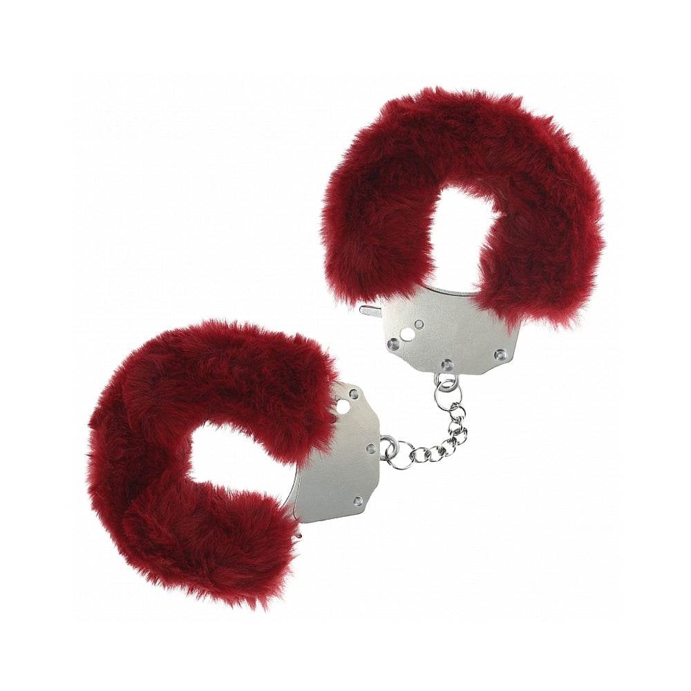 Heavy-duty fluffy handcuffs with soft red fur and durable metal chain restraints for playful and secure adult use