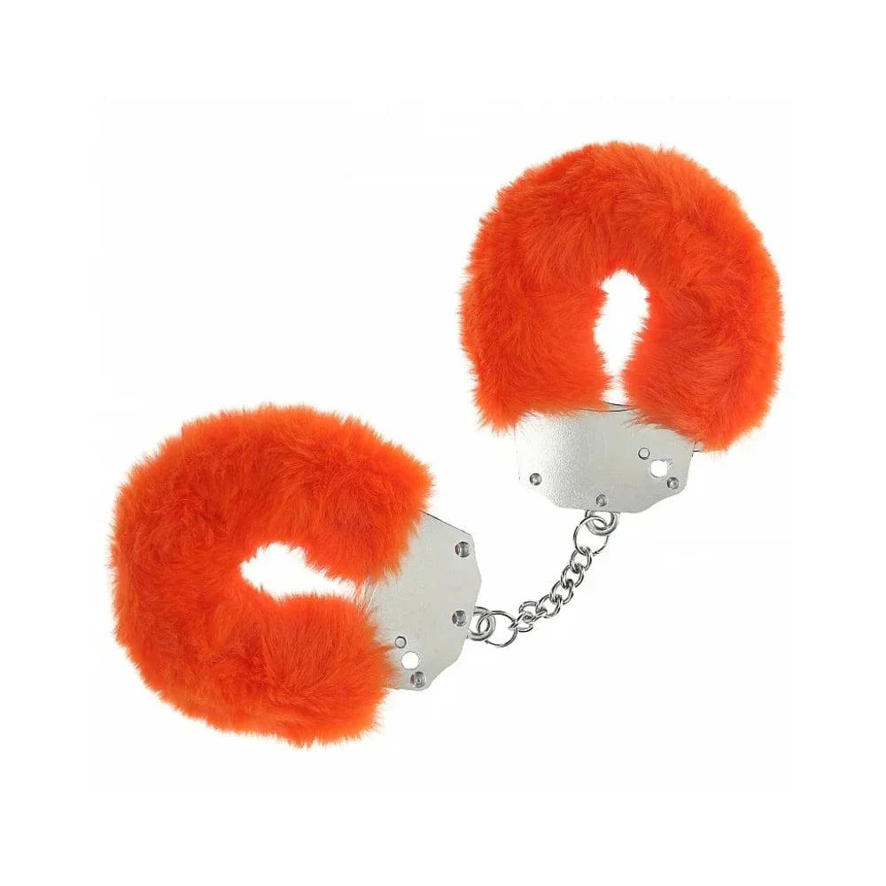 Heavy-duty fluffy handcuffs with bright orange soft fur and durable silver metal chain for secure, comfortable restraint.