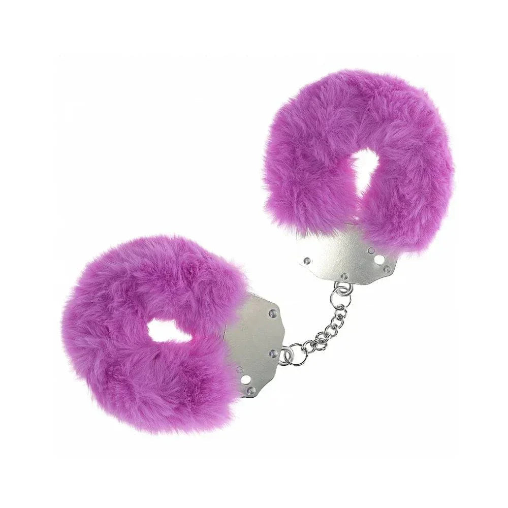 Heavy-duty fluffy handcuffs with soft purple fur and durable metal chain for playful restraints.