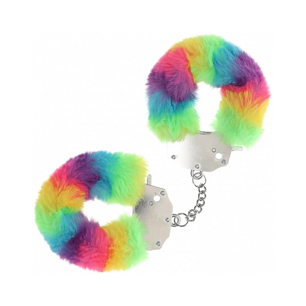 Heavy-duty fluffy handcuffs with soft rainbow fur and durable metal cuffs for secure and comfortable restraint.