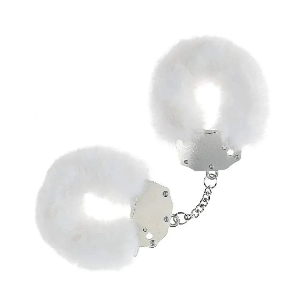 Heavy-duty fluffy handcuffs with soft white acrylic fur and durable iron construction for secure, comfortable restraint.