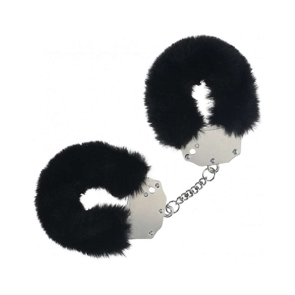 Heavy-duty fluffy handcuffs with soft black fur and durable metal chain for secure, comfortable restraint.