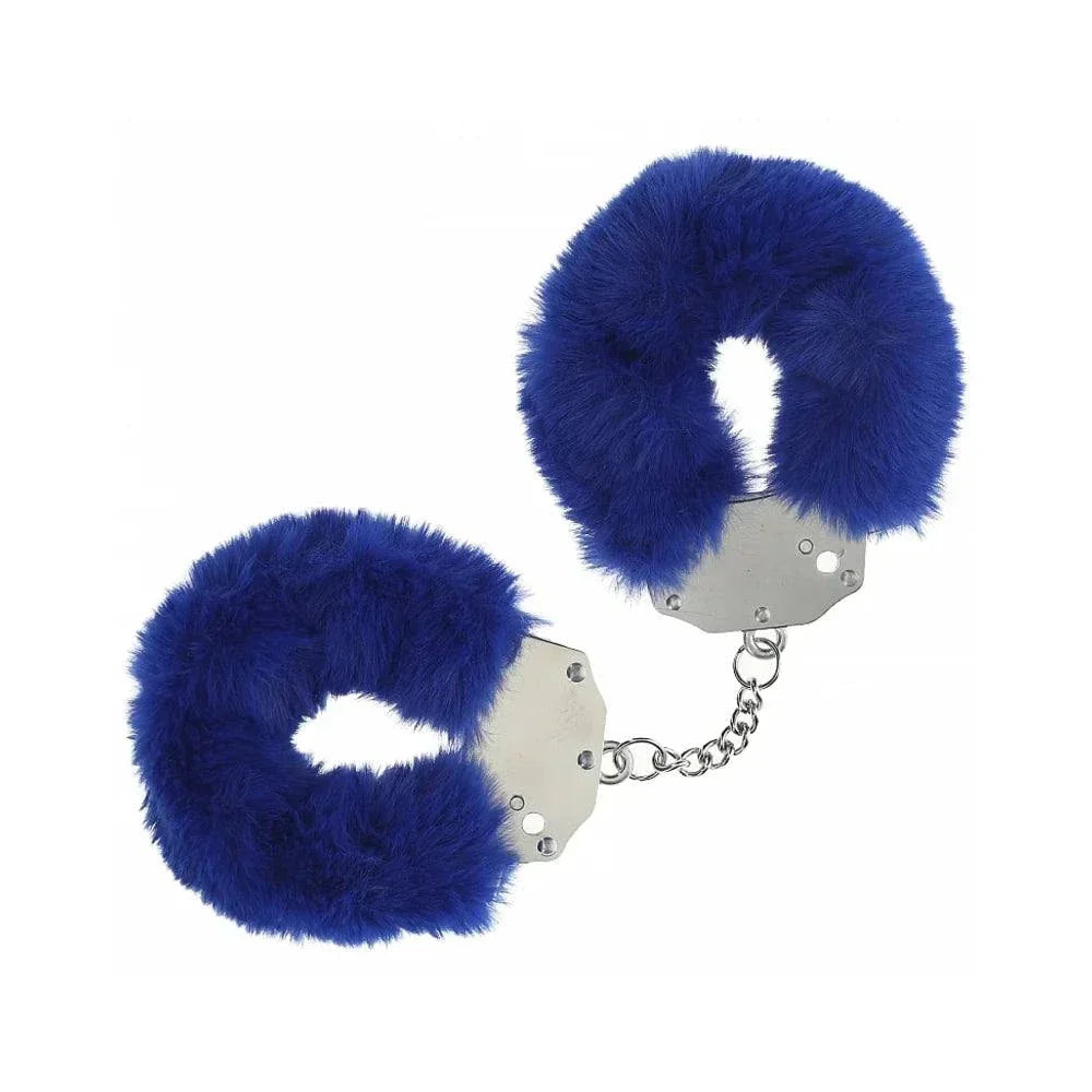 Heavy-duty fluffy handcuffs with soft blue fur and durable metal restraints for secure and comfortable play.