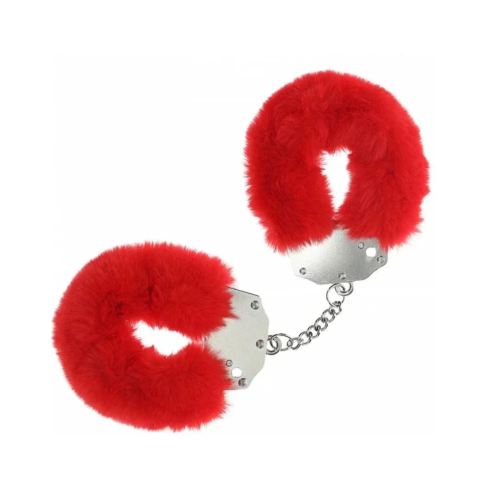 Heavy-duty fluffy red handcuffs with soft fur and durable metal for secure, comfortable restraint during intimate play.