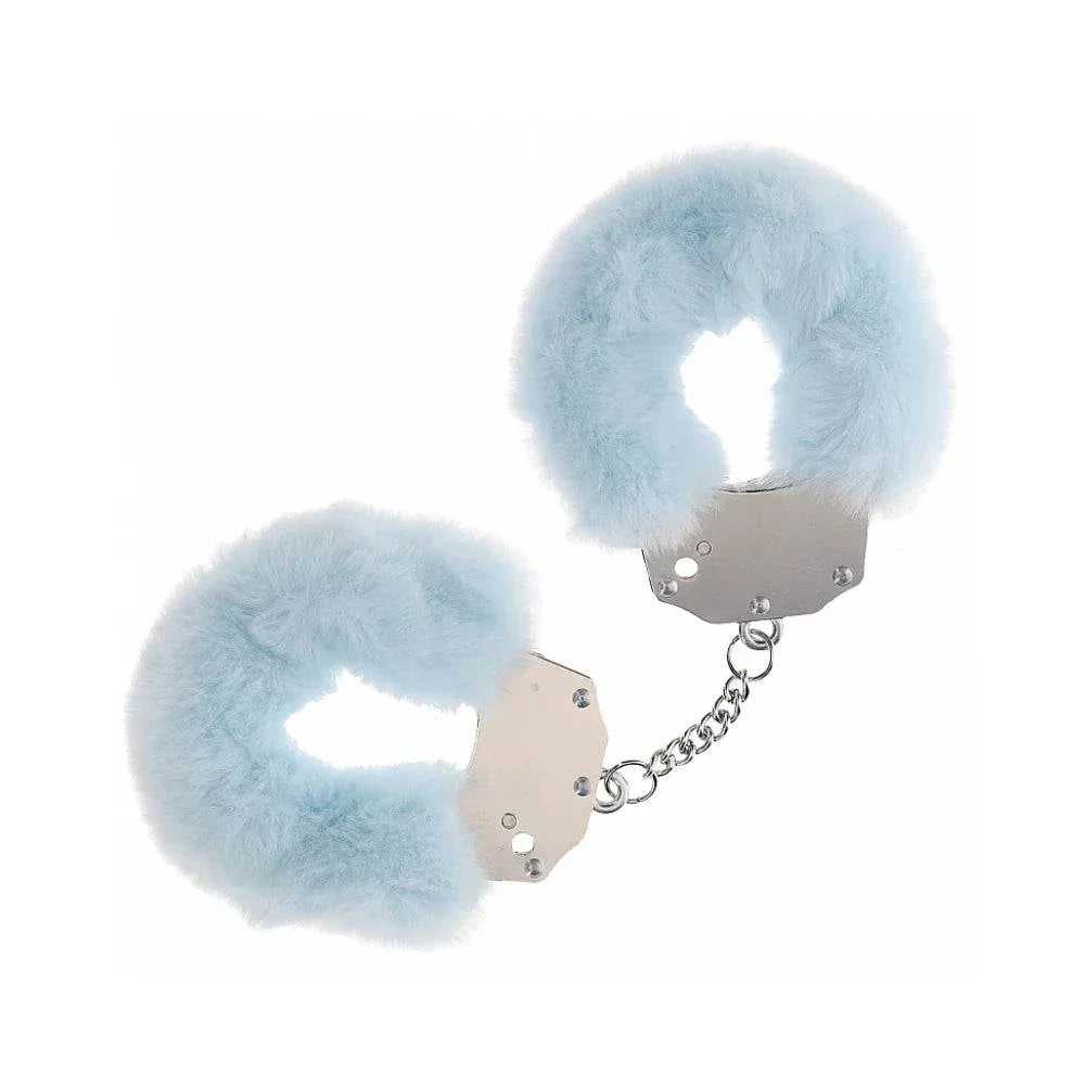 Heavy-duty fluffy handcuffs with soft blue acrylic fiber and durable metal chain restraints for playful intimate use