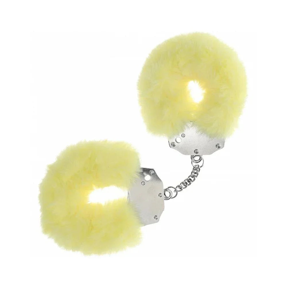 Yellow heavy-duty fluffy handcuffs with soft padding and durable metal chain restraints for playful adult use
