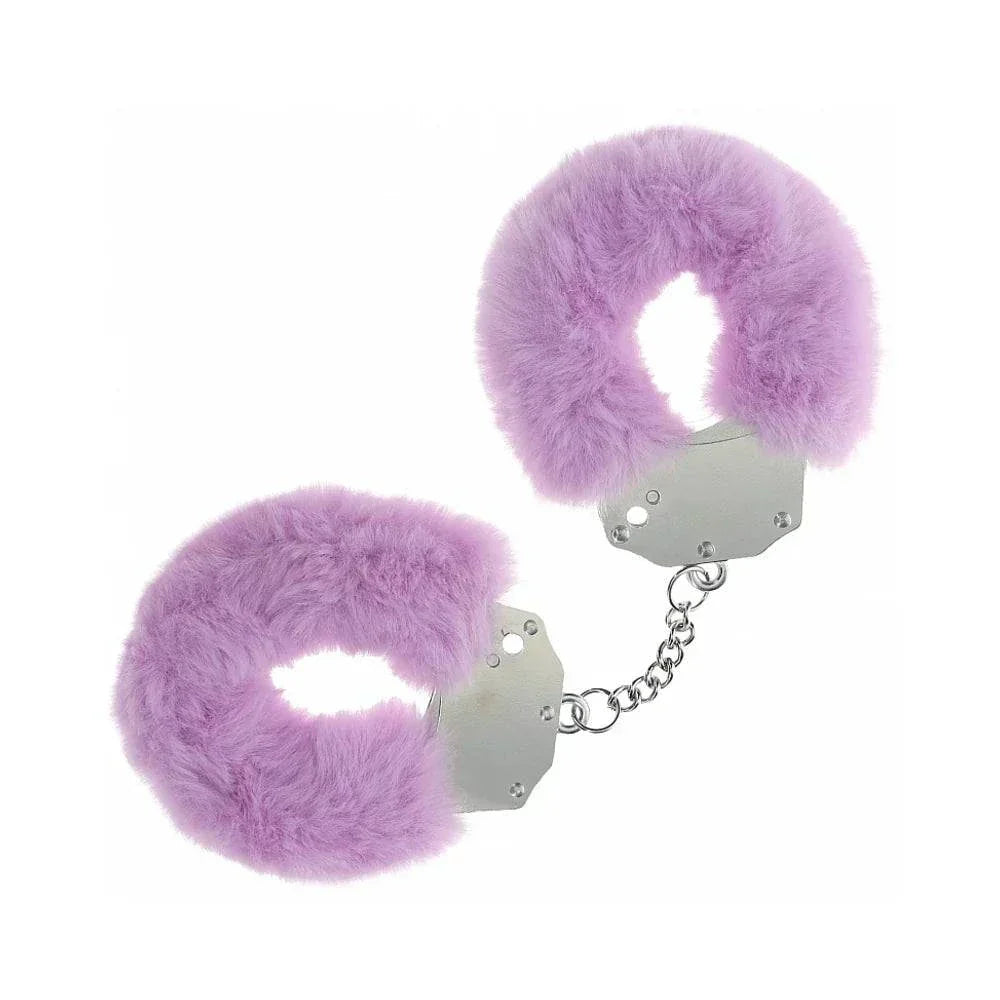 Heavy-duty fluffy handcuffs with soft lavender fur and durable metal chain for secure and comfortable restraint.